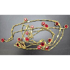 Vintage Gold-Tone Long Necklace W/ Red Glass Stone Accents 48" HS209